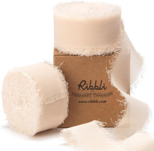 Ribbli Champagne Chiffon Ribbon 1 Inch x 20 Yard Handmade Fringe Chiffon Silk Ribbon Nude Ribbon for Gifts Wrapping, Wedding Invitations, Bridal B...