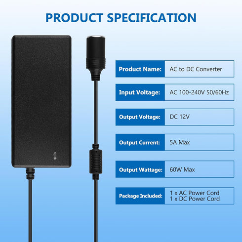 AC to DC Converter 100V-240V to 12V 5A 60W Car Cigarette Lighter Socket AC/DC Power Adapter for Car Fan, Car MP3, Car Devices Under 60W...
