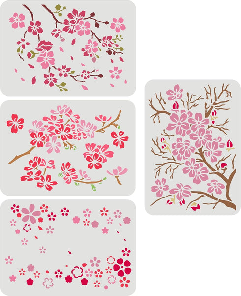 FINGERINSPIRE 4 Pcs Cherry Blossoms Stencils 11.7x8.3 inch Cherry Blossom Branch Stencils Plastic Floral Flower Pattern Stencils Sets DIY Home Dec...