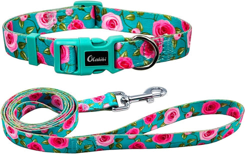 Dog Collar and Leash Set, Rose Pattern, Polyester Material, 5ft Matching Leash, for Small Dogs.(S, Green Rose Set)...