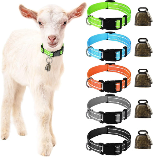 5 Pack Reflective Goat Collars with Bells, Cow Horse Sheep Grazing Copper Bells and Adjustable Nylon Collar Set Pet Anti-Lost Loud Bronze Bell for...