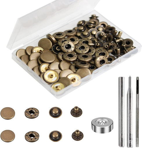 24 Sets Heavy Duty Leather Snap Fasteners Kit, BetterJonny 15mm Metal Snap Buttons Press Studs Leather Rivets Snaps with 4 Setter Tools for Clothe...