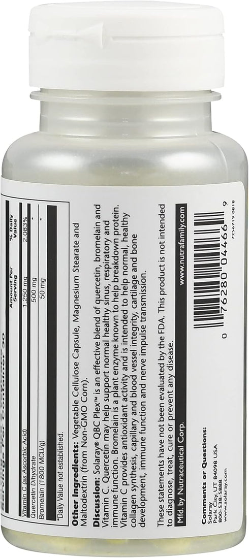 SOLARAY Quercetin Bromelain & Vitamin C, Immune System, Sinus, Respiratory & Antioxidant Activity Support, Vegan, 500mg of Quercetin & 1,235mg of ...