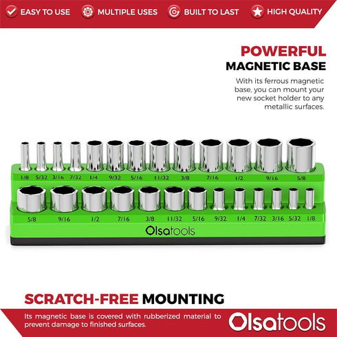 Olsa Tools Magnetic Socket Organizer | 1/4-inch Drive | SAE | Green | Holds 26 Sockets | Professional Quality Tools Organizer...