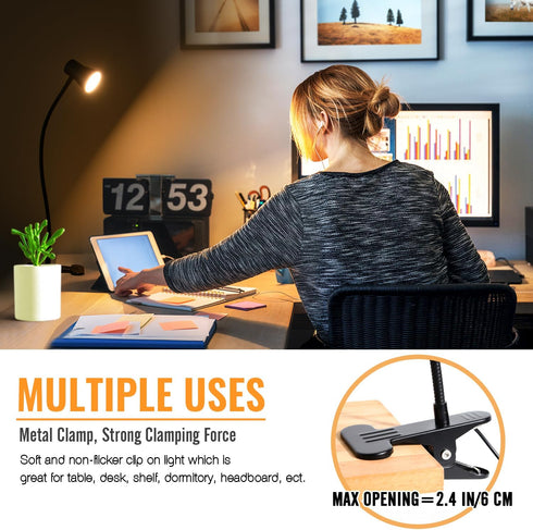 Clip Desk Lamp, USB Reading Light, Flexible Neck Led Clamp Light with 3 Color Temperature Options, 10 Dimmable Brightness Levels for Working, Stud...