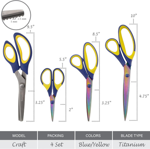 BambooMN Titanium Softgrip Scissors Set - Pinking, Sewing, Arts, Crafts, Office - 1 Set of 4 - Blue w/Yellow...
