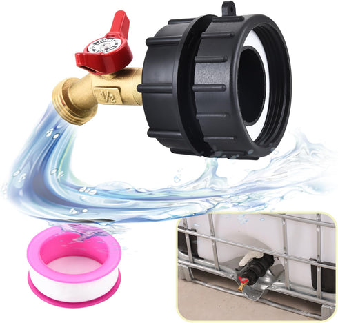 275-330 Gallon IBC Tote Water Tank Adapter(2.4" Fine Thread)?IBC Tote Adapter with 1/2 NPT Thread Garden Hose Ball Valve(Lead-Free),IBC Tote Fitti...
