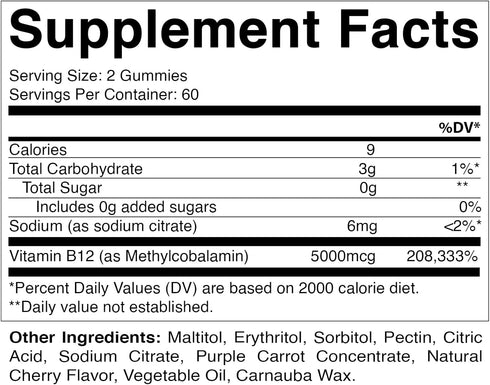 Vitamatic Extra Strength Vitamin B12 5000 mcg (Methyl B12) Gummies - 120 Count - Natural Cherry Flavored...