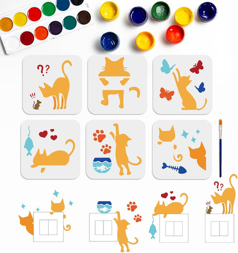 6pcs Cat Playing Stencils 6×6inch Cat Mice Fish Butterfly Drawing Painting Stencil with Paint Brush Reusable Cute Cat Paw Templates for Wall Windo...