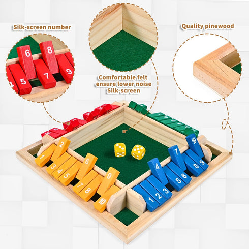 1-4 Players Shut The Box Dice Game, 10 Numbers Traditional Wooden Pub Bar Board Family Table Mat Game Dice for Kids and Adults...