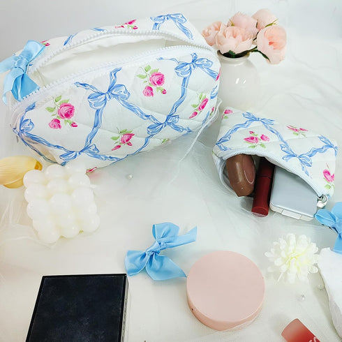 LYDZTION 2Pcs Cute makeup bag Quilted Makeup Bag for Women,Coquette Bow Makeup Bag Cotton Makeup Bag with Purse Pouch Aesthetic Stuff Travel Essen...