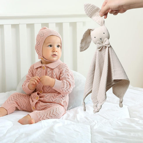 LAWKUL Baby Lovey Organic Cotton Muslin Soft Security Blankets Comfy Lovie for Infant Boy Girls Unisex Bunny Khaki...