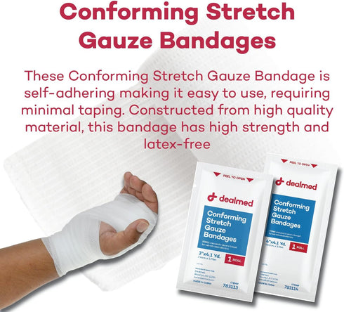 Dealmed 6" Sterile Conforming Stretch Gauze Bandages, 4.1 Yards Latex Free Stretched Dressing Wrap, Medical Non-Adherent Wound Care Mesh Bandages ...