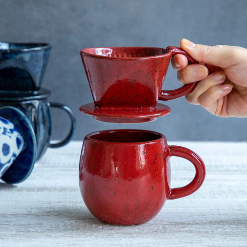 Asayu Japan Ceramic Coffee Pour Over Maker Set in Chrome Red, Slow Brewing Paper Filter Holder and Dripper with 3 Holes for Coffee and Tea (Coffee...