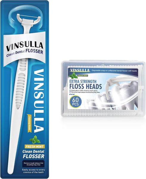 Dental Floss Clean Dental Flossers Kit with 1 Handles and 60 flosser refill heads Cool Mint Flavor...