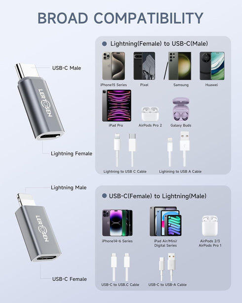 Lightning Female to USB-C Male Adapter & USB-C Female to Lightning Male Adapter (4 Pack) for iPhone Series and More Lightning & USB-C Devices,Supp...