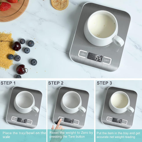 Digital Kitchen Scale,Food Scale for Meat Baking Weight,Unit Gram OZ lb Up 11 lb(1g-5KG),Silver Stainless Steel Anti-Fingerprint with Accuracy LCD...