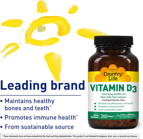 Country Life Vitamin D3 2500 IU Soft Gels, Larger, 200 sg, 200 Count...
