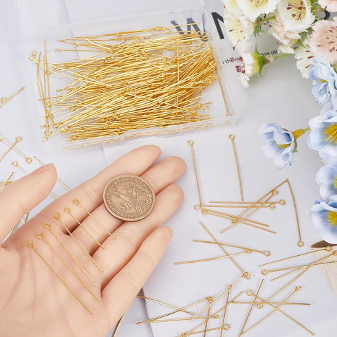 600Pcs 30mm 40mm 50mm Gold Eye Pin Bulk Jewelry Findings Eye Pins 21 Gauge Long Straight Open Golden Pin Findings for DIY Assortment Earrings Brac...