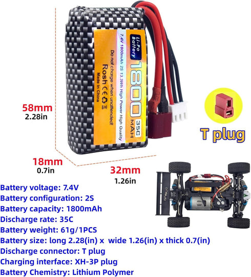 2PCS 7.4V 35C 1800mAh Lithium Battery with USB Charging Cable for WLTYOS K929-B A959-B 12401 12402 12403 12404 12423 12428 144001 1/18 1/14 1/12 R...
