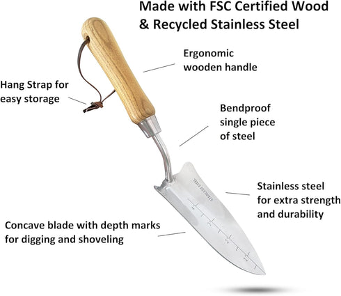Garden Guru Eco Transplanter Trowel Shovel- 100% Recycled Stainless Steel - Rust Resistant - FSC Certified Wood Ergonomic Handle - Perfect Tool fo...