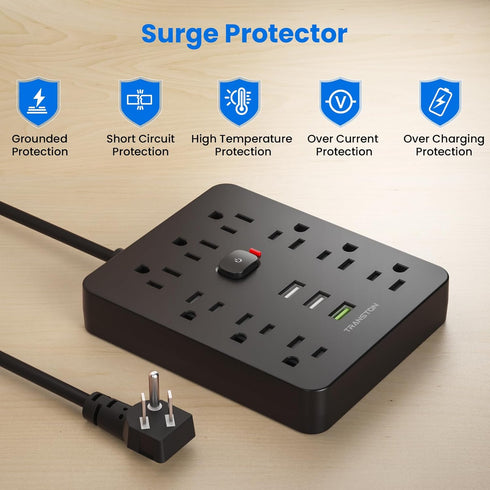 Power Strip Surge Protector with 9 Outlet 3 USB Ports, Fireproof Desktop Charging Station with Flat Plug Wall Mount 5 ft Long Extension Cords for ...