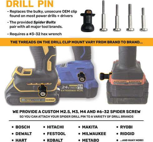 Spider Tool Holster - Drill Pins - Pack of Three - Attaches to The Side of Any Brand Power Drill and Driver with provided Screws - Pairs with Spid...