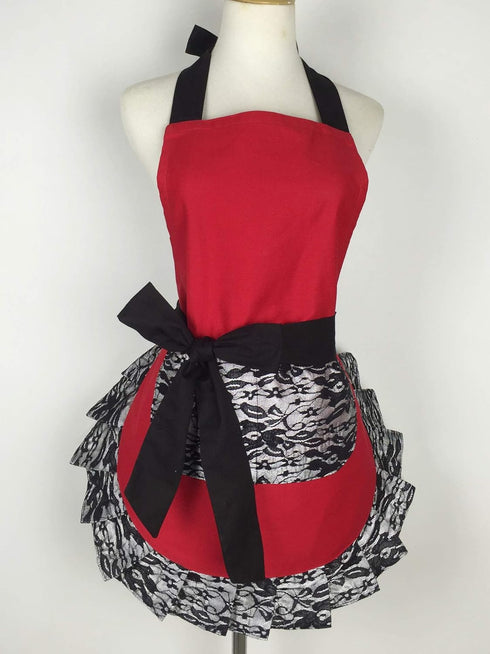 Hyzrz Cute Lace Flirty Apron with Pocket, Fun Retro Sexy Cooking Pinup Aprons for Women Girls (Red)...