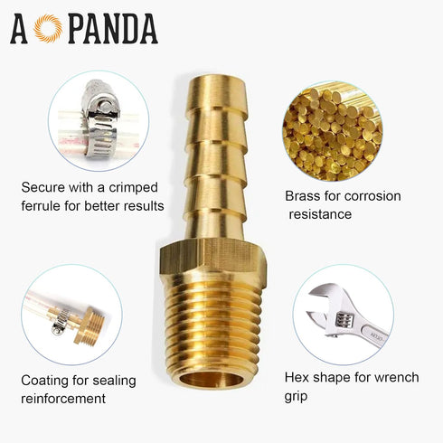 AOPANDA Brass Hose Barb Fitting, 3/8" Hose Barb to 3/8" NPT Male Air Hose Barb Fittings, Barbed Air Hose Repair Fitting Adapter Kit, 5 Pcs Hose Cl...