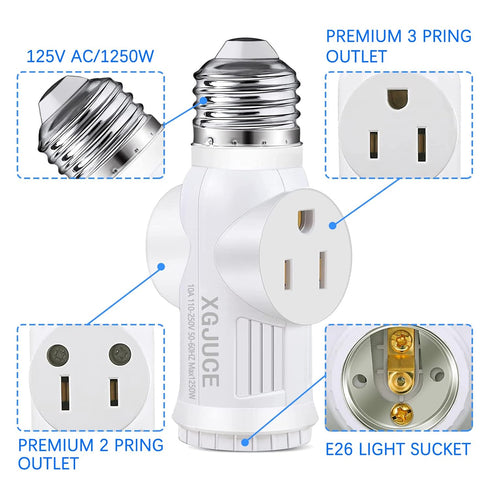 3 Prong Light Socket to Plug Adapter,E26 Outdoor Light with Outlet,E27 Light Bulb to 2/3 Prong Outlet Plug Splitter Converter for Garage Porch CCT...