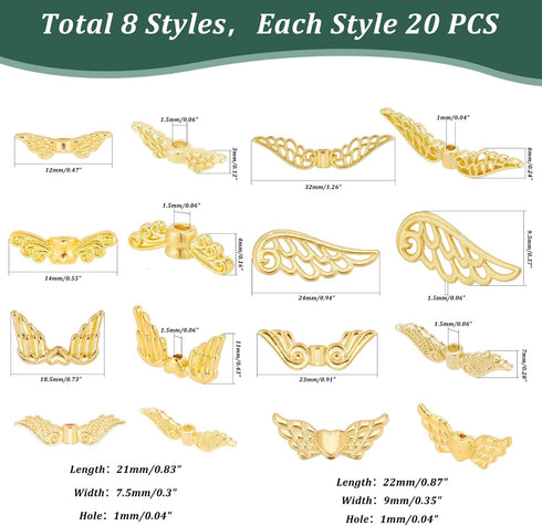 PH PandaHall 160 pcs 8 Styles Angel Wing Charms, Tibetan Style Alloy Wing Spacer Beads for Earring Bracelet Pendants Necklace Jewelry DIY Craft Ma...