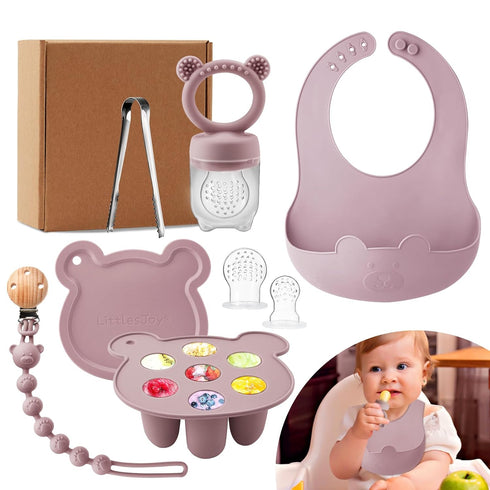 Silicone Baby Fruit Feeder Set with Mini Freedzer Nibble Tray, Breastmilk Popsicle Mold with Baby Bib and Pacifier Clip, BPA Free Teether for Safe...