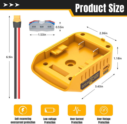 Power Wheels Battery Adapter with USB Ports & XT60 Port, Fit for DeWalt 20V Battery, Power Adapter for Mobile Devices, Electric Vehicles, DIY Proj...