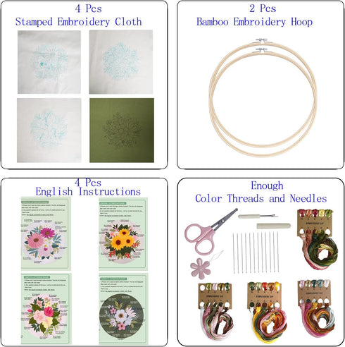 Bonroy 4 Sets Embroidery Kit for Beginners,Embroidery Kit for Art Craft Handy Sewing Include Embroidery Clothes with Pattern,Embroidery Hoops, Ins...