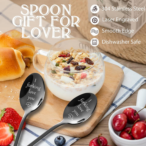 I Forking Love You Couples Gifts-Engraved Stainless Steel Spoon, 2PCS Ice Cream Spoons-Anniversary Birthday Gifts For Lover,Coffee Spoons-Christma...