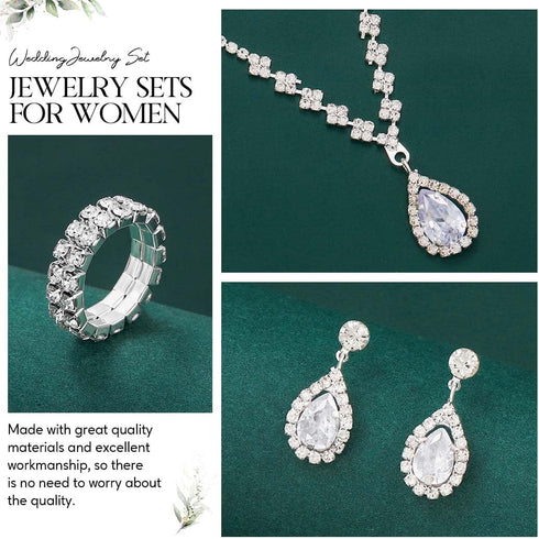 Unicra Bridal Wedding Jewelry Set Silver Rhinestone Necklace Earrings Bracelet Ring Sets Formal Costume Jewelry for Women and Brides...