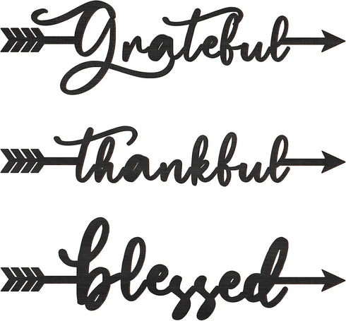 Yookeer 3 Pcs Thankful Grateful Blessed Letter Sign Wood Cutout Sculptures Arrow Signs Wall Decor Black Letters Rustic Wall Art for Home Bathroom ...