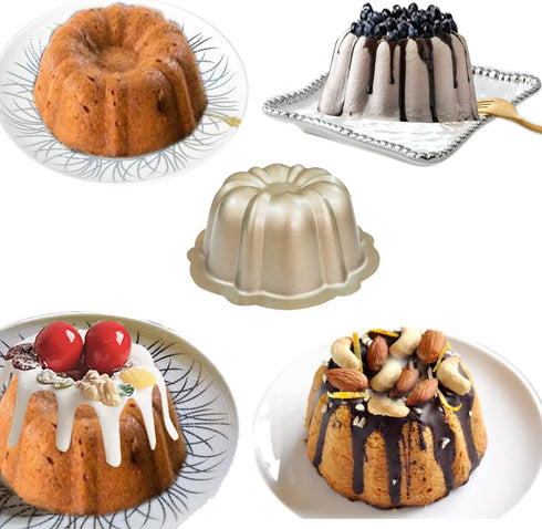 Carbon Steel Mini Bundt Cake Pans, 4 Inch Metal Nonstick Fluted Cake Pan, 4Pcs Kugelhopf Mould for Baking Buntcake Bundtlet Bavarois Cupcake Brown...