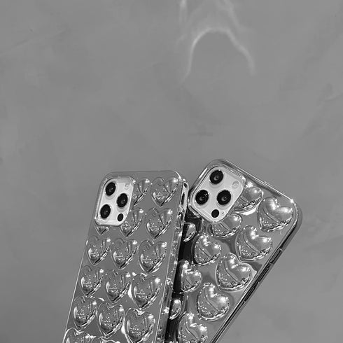 3D Love Heart Plating Silver Phone Case Compatible with iPhone 13 Pro Max,Electroplated Heart-shaped Luxury Retro Slim Soft Protective Bling Glitt...
