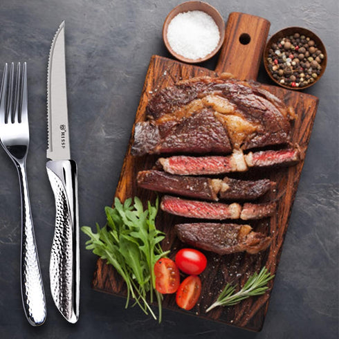 Serrated Steak Knives, Stainless Steel Sharp Blade Flatware Steak Knives Set of 6, Unique Hammered Pattern Hollowed Handle,4.5 In,For Kitchen Rest...