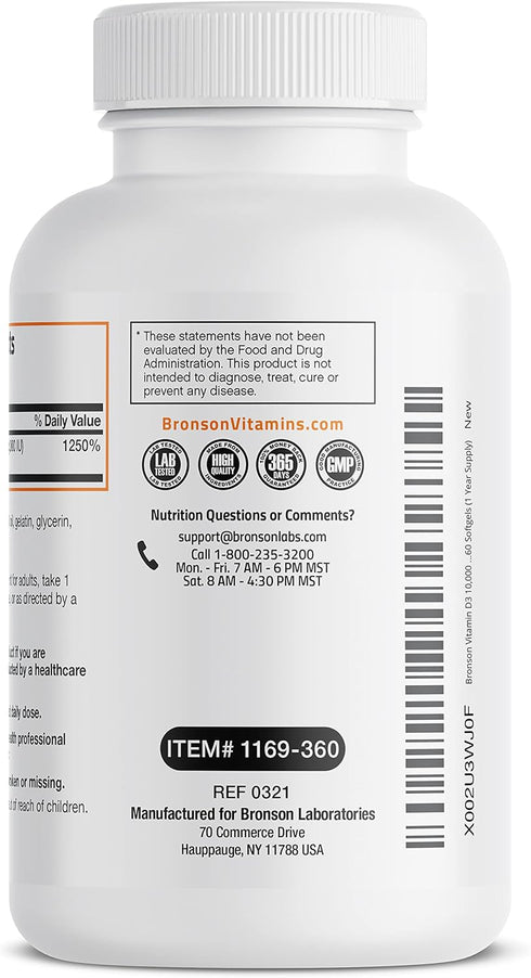 Bronson Vitamin D3 10,000 IU (250 mcg) High Potency - Supports Healthy Immune System, Strong Bones, Muscles & Teeth - Non GMO, 360 Softgels (1 Yea...