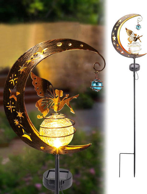 Solar Powered Garden Decor Lights Moon Fairy Crackle Glass Globe with Gold Angel Decor Waterproof Stake Lights for Pathway, Yard, Lawn, Patio Outd...