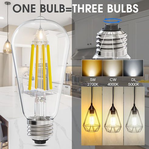 E ENERGETIC LIGHTING ST58/ST18, LED Filament Light Bulbs, 3CCT, 2700K/4000K/5000K,High Brightness, 7W, 60 W Equivalent,Classic Clear Glass, E26, 4...