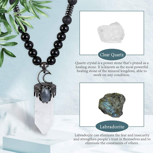 Top Plaza Natural Stone Healing Crystal Clear Quartz Hexagonal Pointed Gemstone Pendant Necklace Crescent Moon Jewelry Adjustable Lava Rock Beads ...