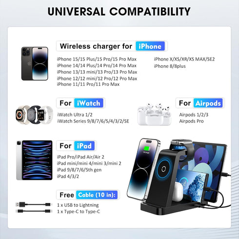 Wireless Charger for iPhone - 5 in 1 Charging Station for Multiple Devices Apple: Fast Wireless Charging Stand Dock for iPhone 15 14 13 12 Pro Max...