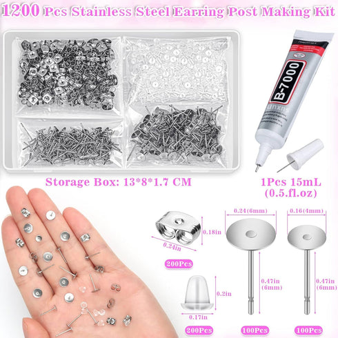 Anezus Jewelry Glue With 600pcs Stainless Steel Earring Posts and Backs - Hypoallergenic Blanks With Rubber Backs for Jewelry Making Supplies and ...
