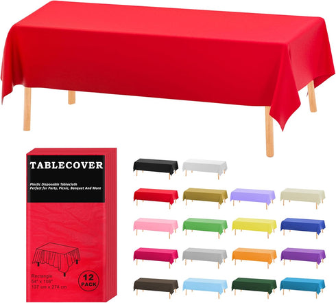 D&Z Plastic Table Cloth Disposable, 12 Pack Red Rectangle Tablecloth Individually Wrapped for Indoor&Outdoor, 54 x 108 Inch Table Cover for Party,...