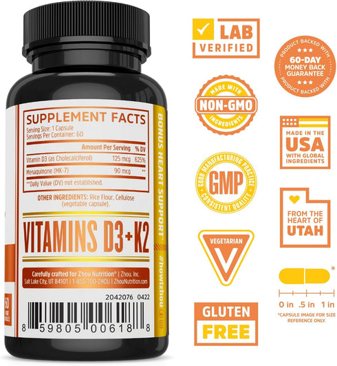 Zhou Nutrition Vitamin D3 K2, Bone and Heart Health Formula 5000 IU Vitamin D3 & 90 mcg Vitamin K2, Max Strength 2 in 1 Immune Support and Calcium...