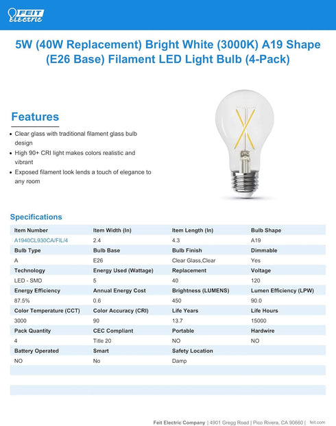 Feit Electric LED Clear A19 Medium Base Light Bulb - 40W Equivalent - 15 Year Life - 450 Lumen - 3000K Bright White - Dimmable | 4-Pack...