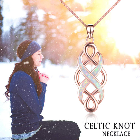 YFN Irish Celtic Knot Created Opal Pendant Necklace Sterling Silver Black Necklaces for Women Men 18"...
